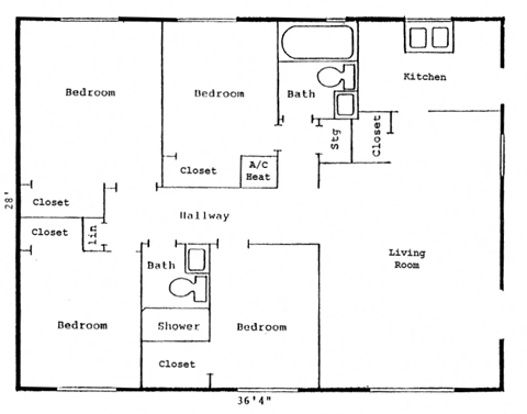 Floor plan for 4 beds, 2 baths, 1008 sqft